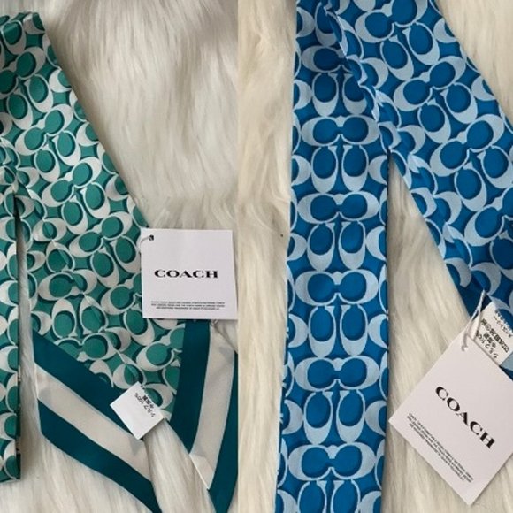 COACH Signature Print Silk Skinny Scarf Set in Electric Blue/Blue Green - Picture 1 of 5